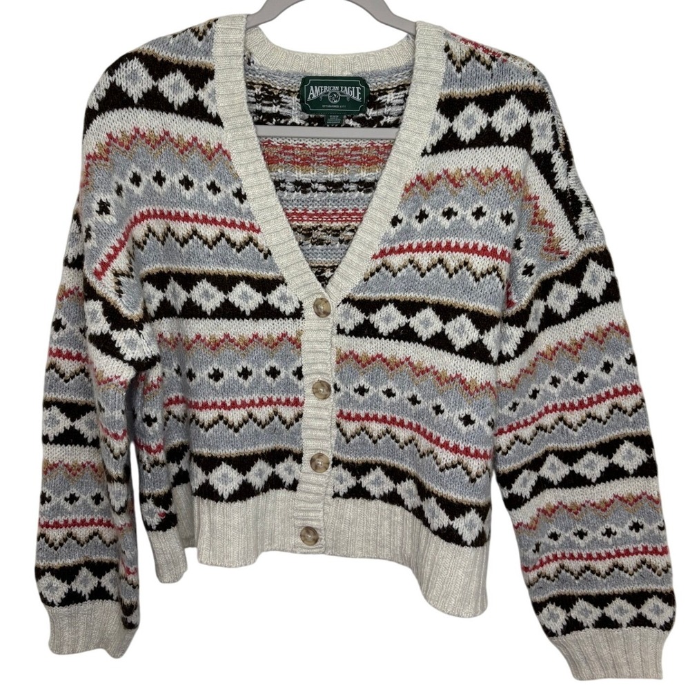 American Eagle Fair Isle Cardigan Sweater Womens M Nordic Cabin Grandpa Core